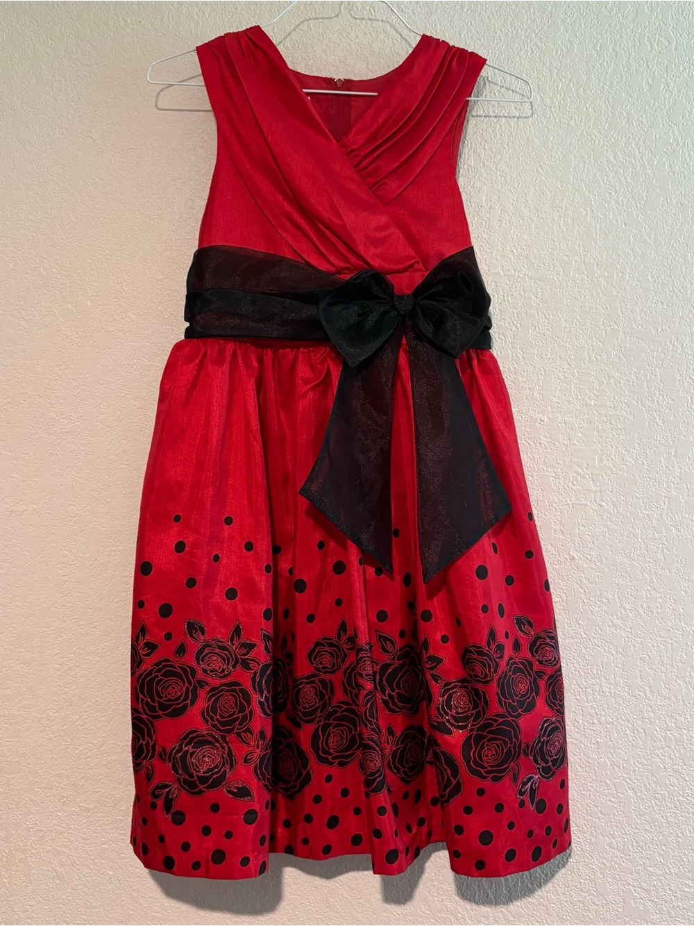 Bonnie Jean Red and Black Floral Dot Sash Party Dress